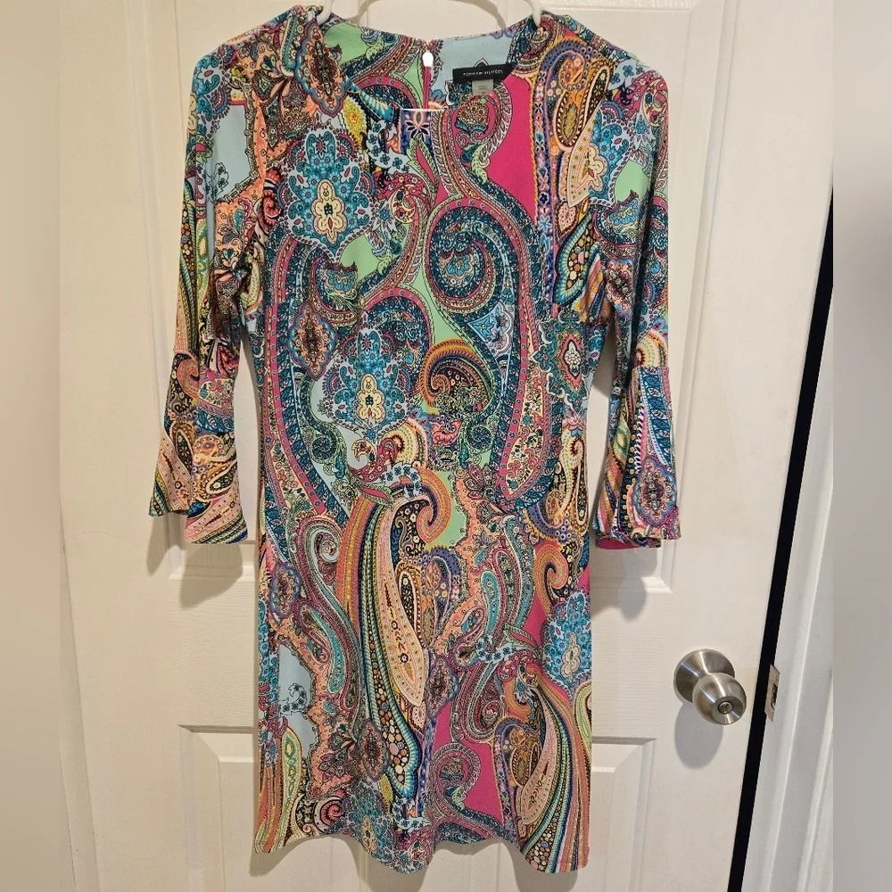 Tommy Hilfiger Jaipur Jersey Dress Sz 2P Multicolor Paisley 3/4 Bell Sleeve